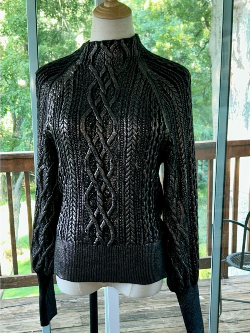 Express Black Metallic Cable Knit Mock Neck Sweater